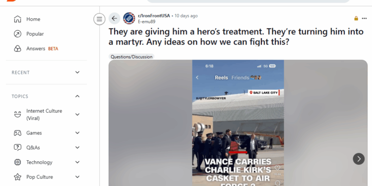 A user in a far-left Reddit forum warns that Turning Point USA founder Charlie Kirk's assassination has made him a "martyr" on Sept. 12, 2025. (Image credit: Reddit)