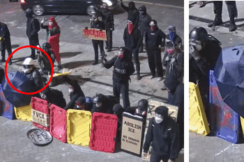Leftist rioter Eli McKenzie joins others in forming a blockade on the driveway of an immigration facility in Portland, Oregon, on June 16, 2025. (Image courtesy of the Department of Justice)