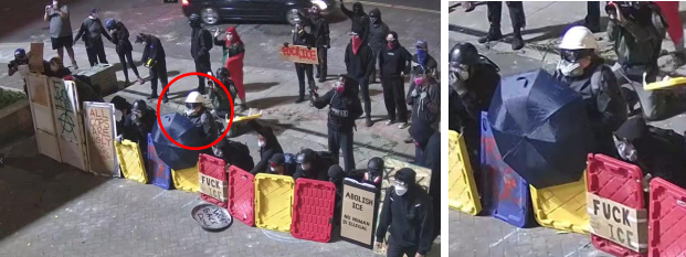 Leftist rioter Eli McKenzie joins others in forming a blockade on the driveway of an immigration facility in Portland, Oregon, on June 16, 2025. (Image courtesy of the Department of Justice)