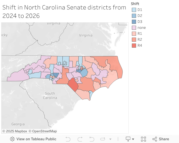 Shift in North Carolina Senate districts from 2024 to 2026 