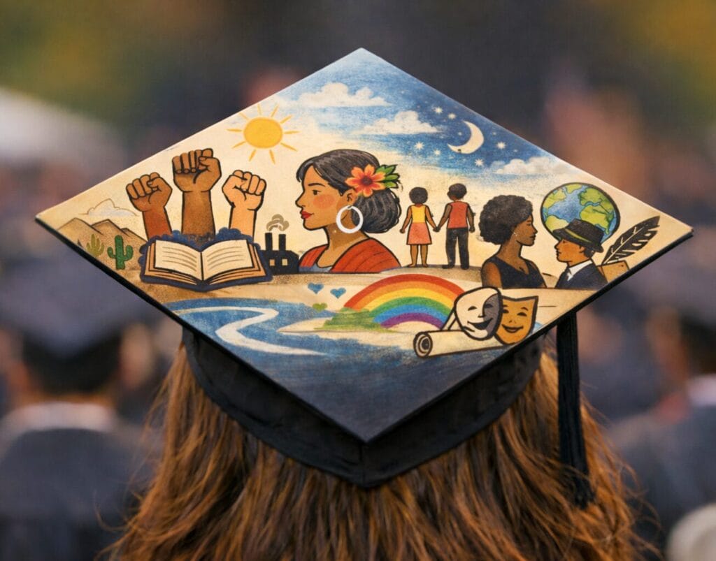 Generated image of a college graduate’s mortarboard painted with visuals indicative of material encountered in ethnic and gender studies