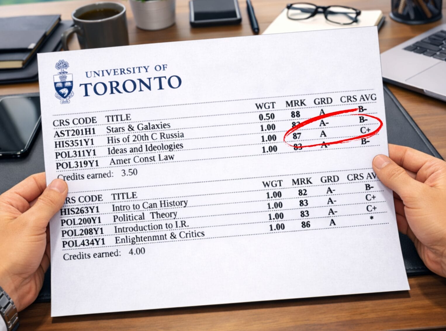 Partially generated image of a professional male at desk reviewing a collegiate academic transcript from the University of Toronto