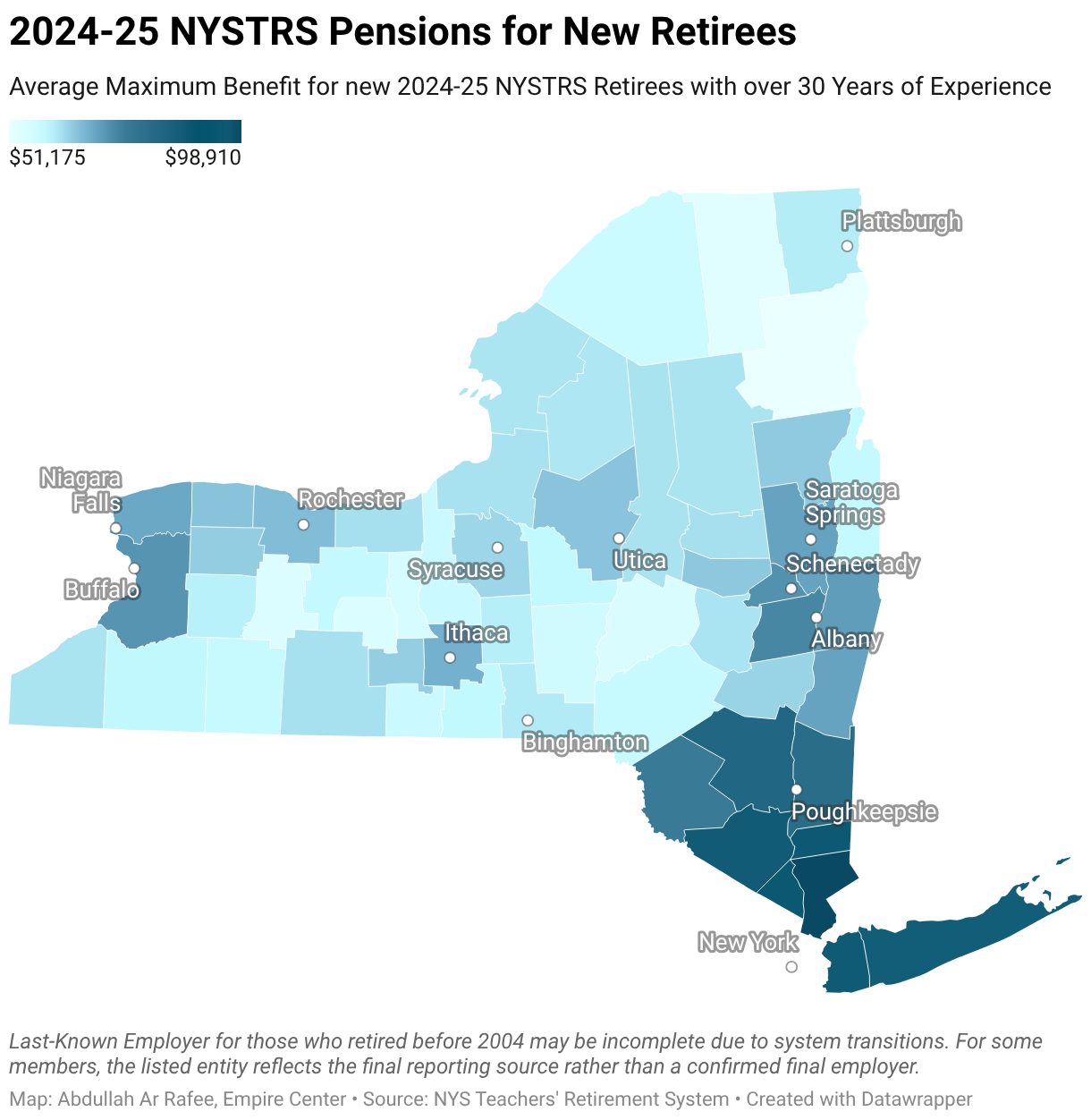 2024-25 NYSTRS Pensions for New Retirees (Choropleth map)