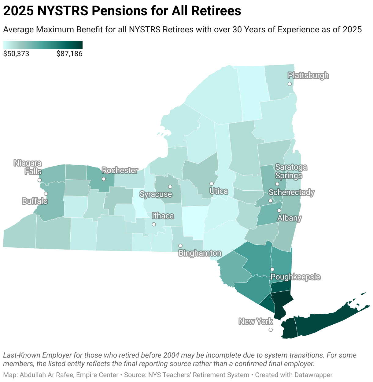 2025 NYSTRS Pensions for All Retirees (Choropleth map)