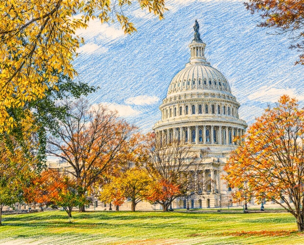 Wisconsin state Capitol building restyled in colored pencil style