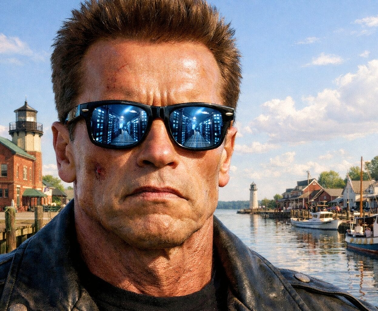 Generated image of a Terminator-type figure standing in a port town with data center imagery reflected in his sunglasses