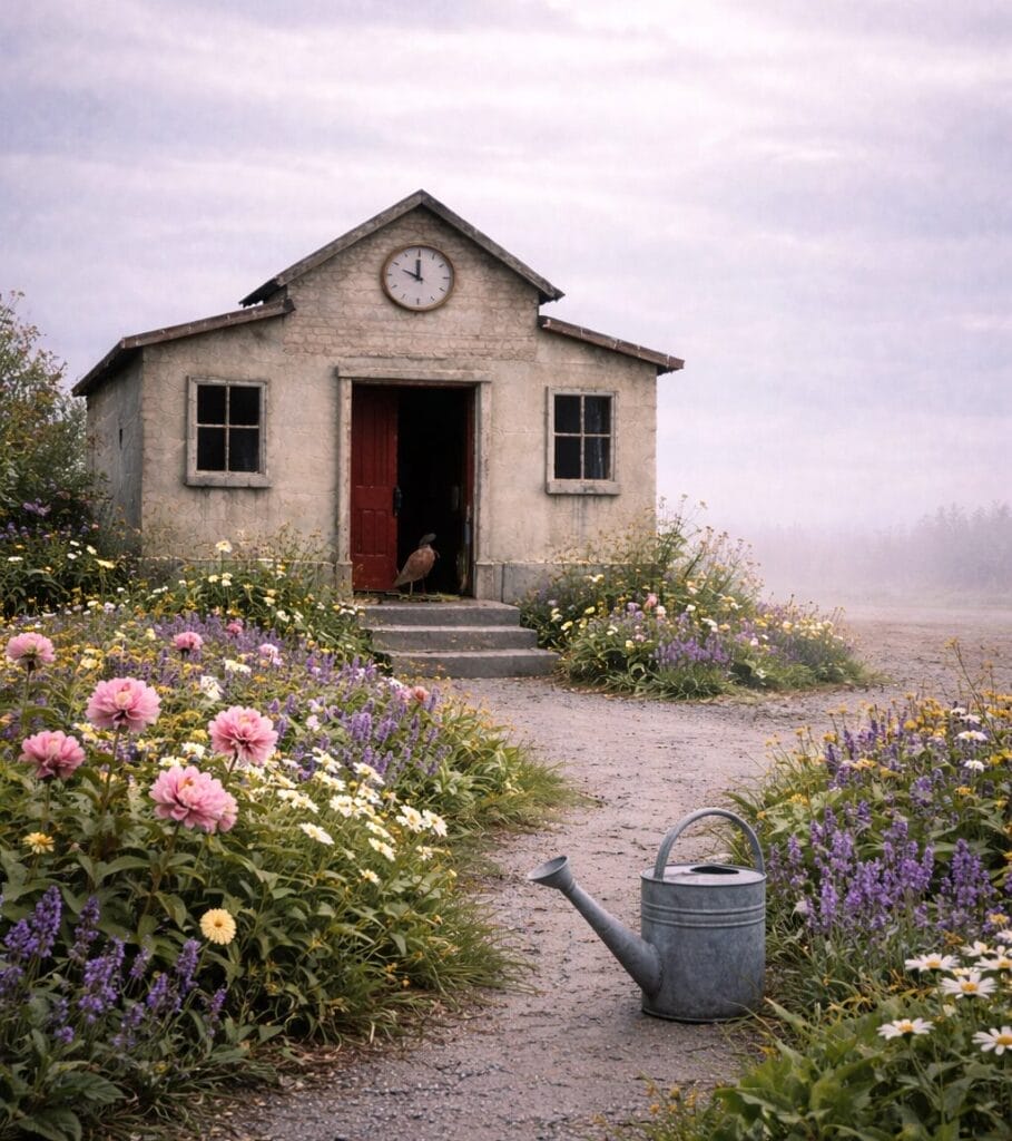 Generated image of a country schoolhouse surrounded by budding flower beds and a watering can