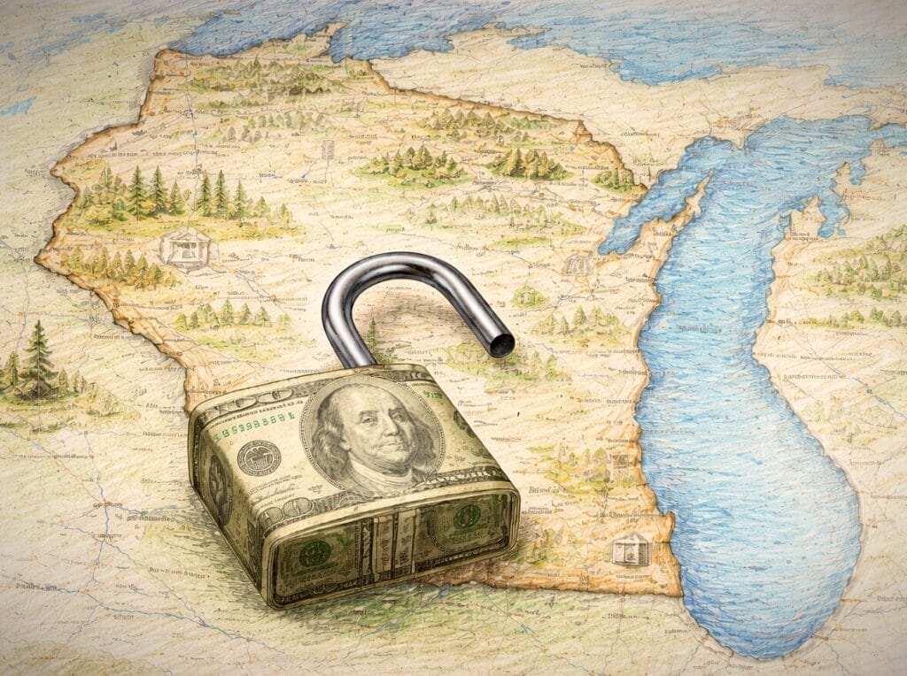 Generated image of the state of Wisconsin with an unlocked padlock made of $100 bills laying over top