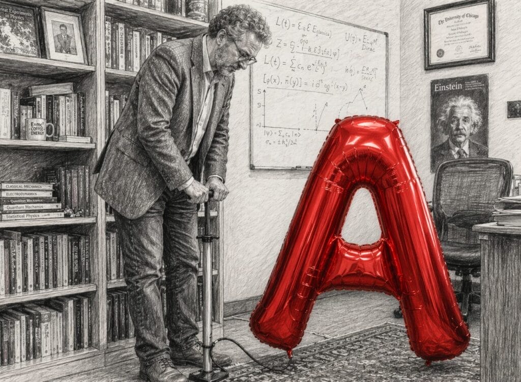 Generated image of a charcoal sketch of a college professor using a bicycle pump to inflate a red balloon shaped as the letter "A"