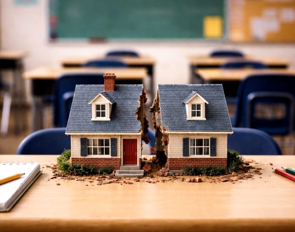 Generated image of a broken model home atop a student's desk in a school classroom.