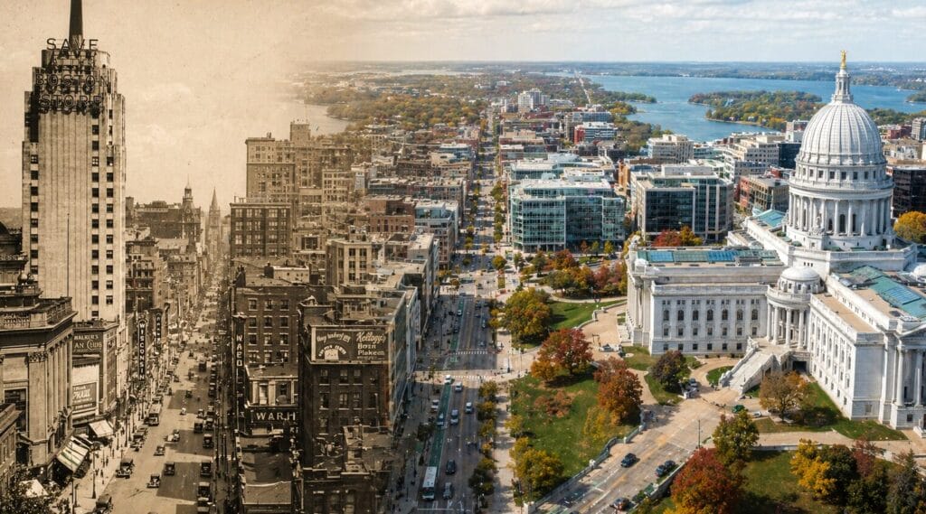 Generated image of a 1940s Milwaukee cityscape morphing into a modern-day Madison cityscape.