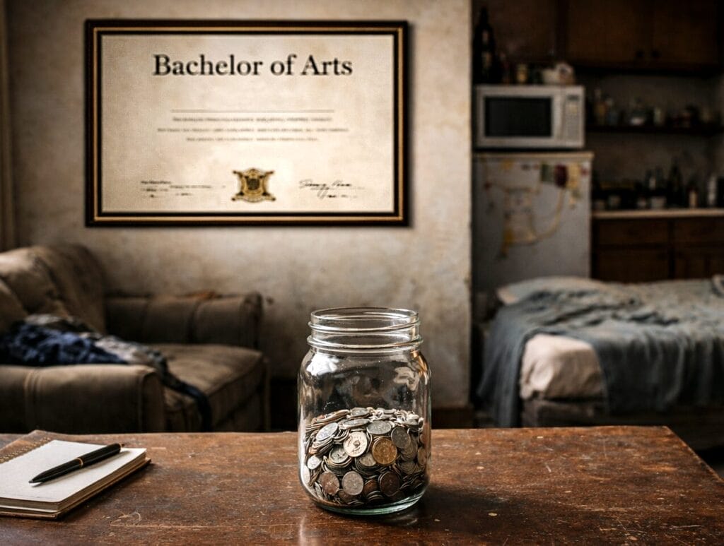 Generated image of a drabby studio apartment with a bachelor of arts degree on the wall and a jar of change on the table.