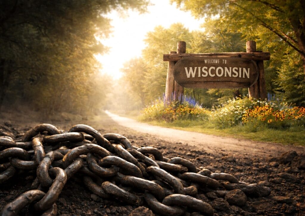 Generated image of an ominous pile of chains on dark ground before a vibrant, inviting background graced with a sign that reads "Welcome to Wisconsin"