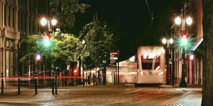 Light Rail Commuter Train At Night